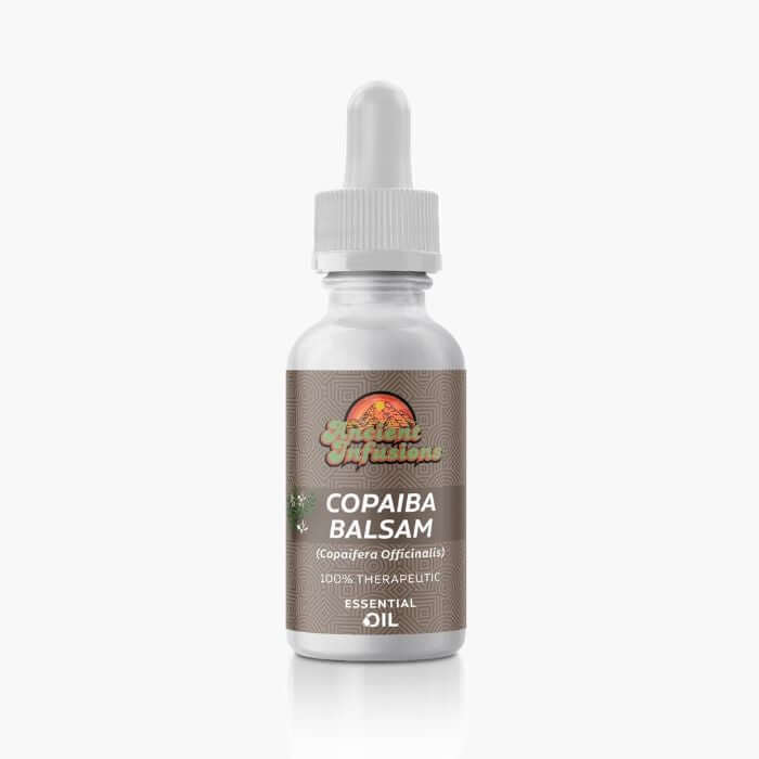 Ancient Infusions Therapeutic Grade Copaiba Balsam Essential Oil Label - Pure & Naturally Harmonizing Wellness.