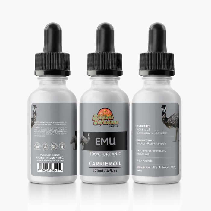 Organic emu oil carrier oil by Ancient Infusions – 100% pure natural oil for skin healing, hydration, and joint and muscle relief.