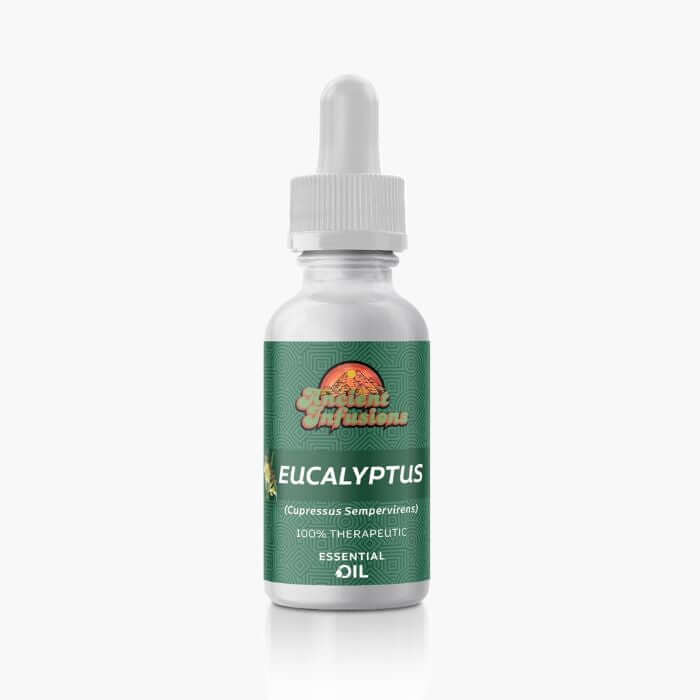 Ancient Infusions Therapeutic Grade Eucalyptus ESSENTIAL Oil Label - Pure & Vitalizing Wellness.