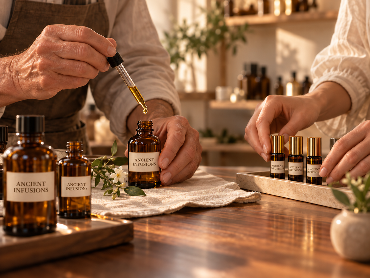 Editorial scene of two people preparing Ancient Infusions perfume oil bottles with minimal branded labels, amber glass and warm natural light.