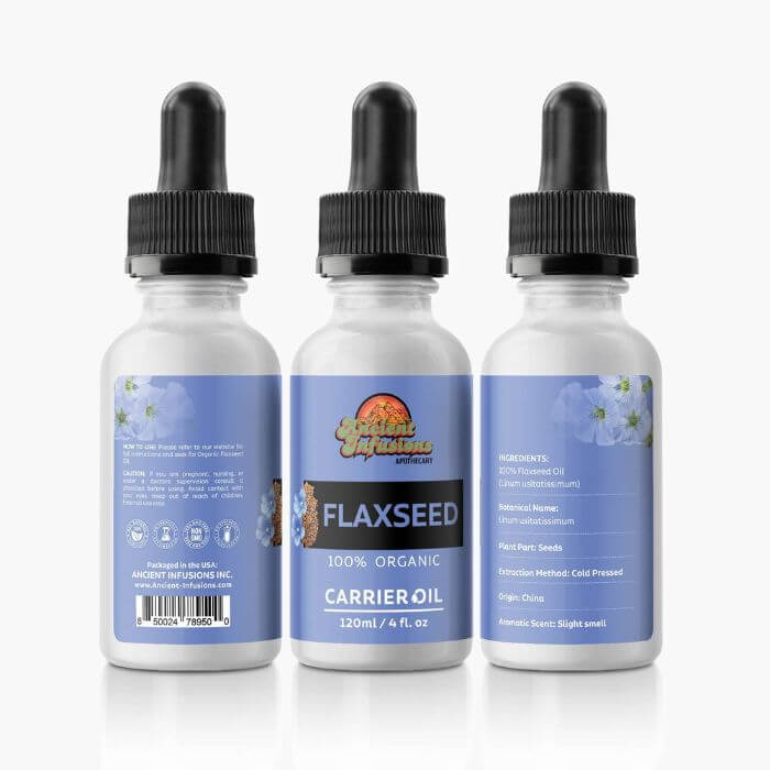 Organic flaxseed oil carrier oil by Ancient Infusions – 100% pure cold-pressed oil for skin care, anti-aging, and promoting hair health..