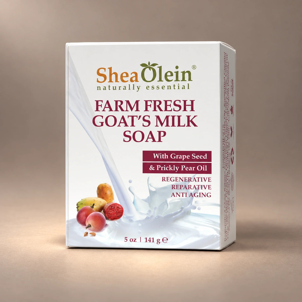 Label view of Shea Olein Goats Milk Bar Soap showing its original packaging artwork and 5 oz size.