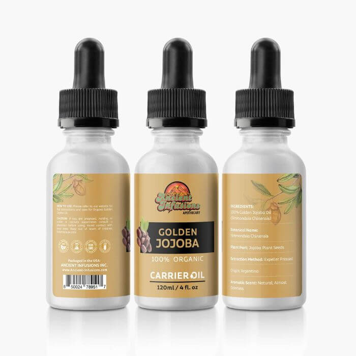 Organic golden jojoba oil carrier oil by Ancient Infusions – 100% pure cold-pressed oil for skin hydration, hair care, and natural balance.