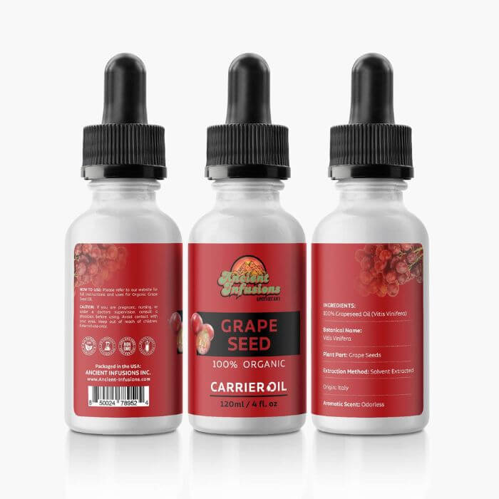 Organic grapeseed oil carrier oil by Ancient Infusions – 100% pure cold-pressed oil for skin hydration, anti-aging, and lightweight hair care.