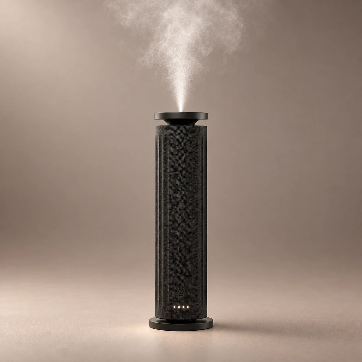 Black HAVEN Air Pro waterless diffuser with a vertically ribbed fabric finish and fragrance cloud.