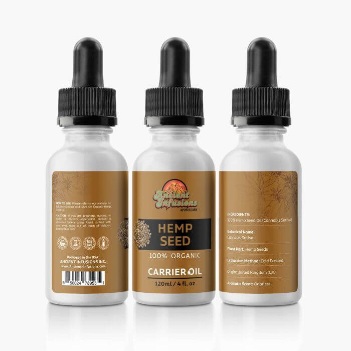 Organic hemp seed oil carrier oil by Ancient Infusions – 100% pure cold-pressed oil for skin nourishment, anti-inflammatory benefits, and hair health.