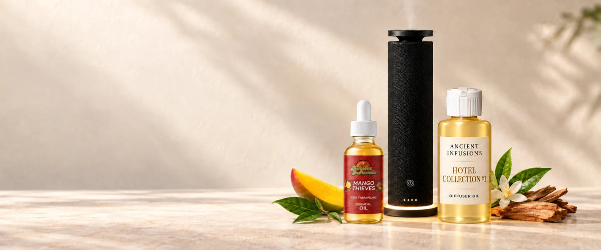 HAVEN waterless diffuser with golden Mango Thieves essential oil and Hotel Collection #1 Diffuser Oil on warm ivory stoneai_home_fragrance