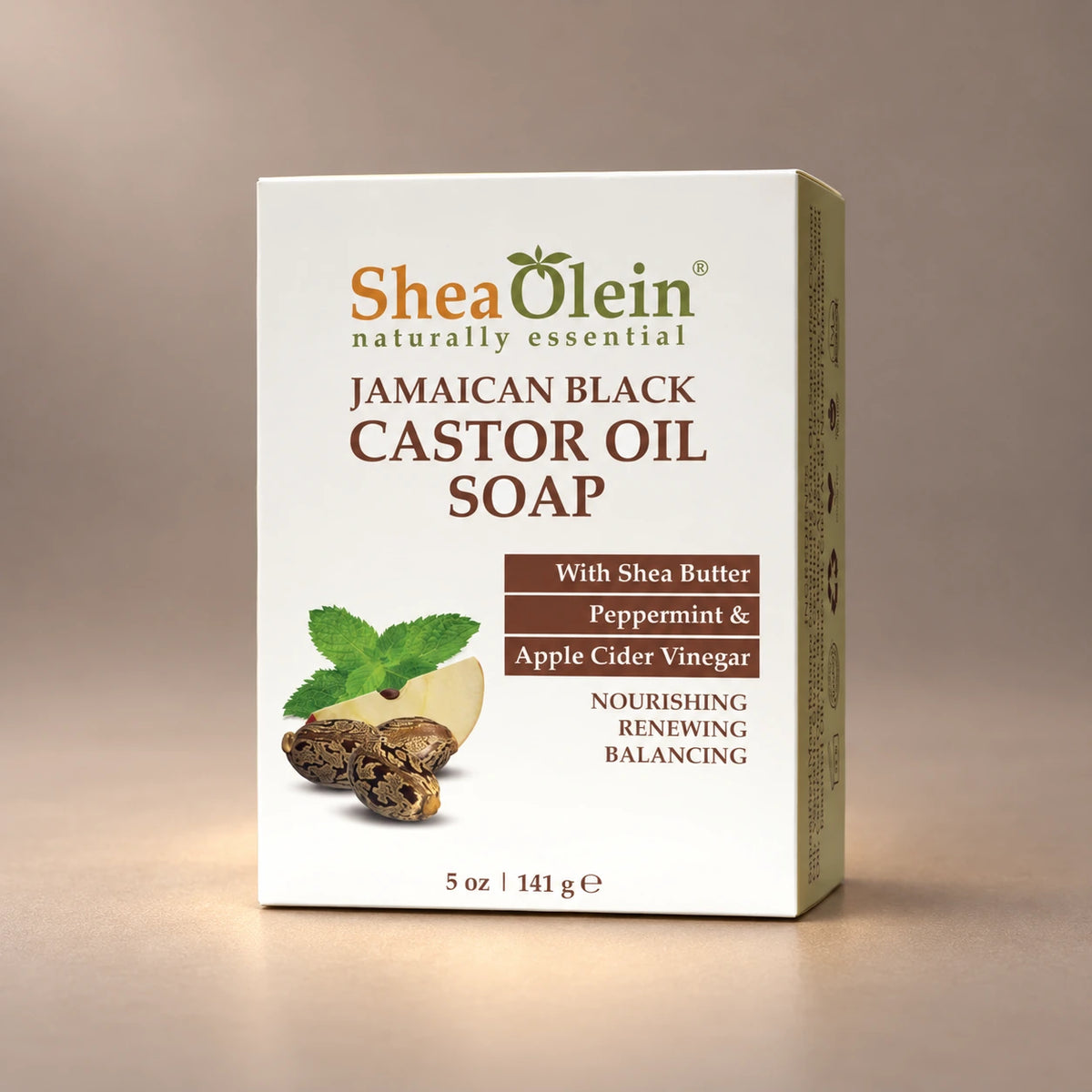 Label view of Shea Olein Jamaican Black Castor Oil Bar Soap showing its original packaging artwork and 5 oz size.