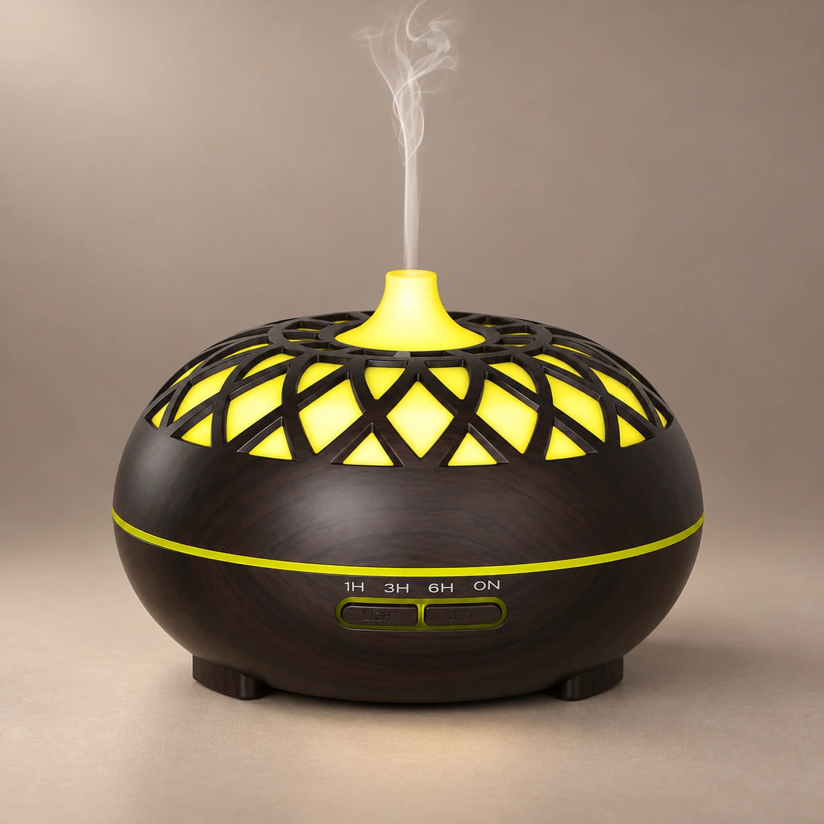Black wood grain ultrasonic diffuser showing two front buttons, timer indicators and yellow LED lighting.