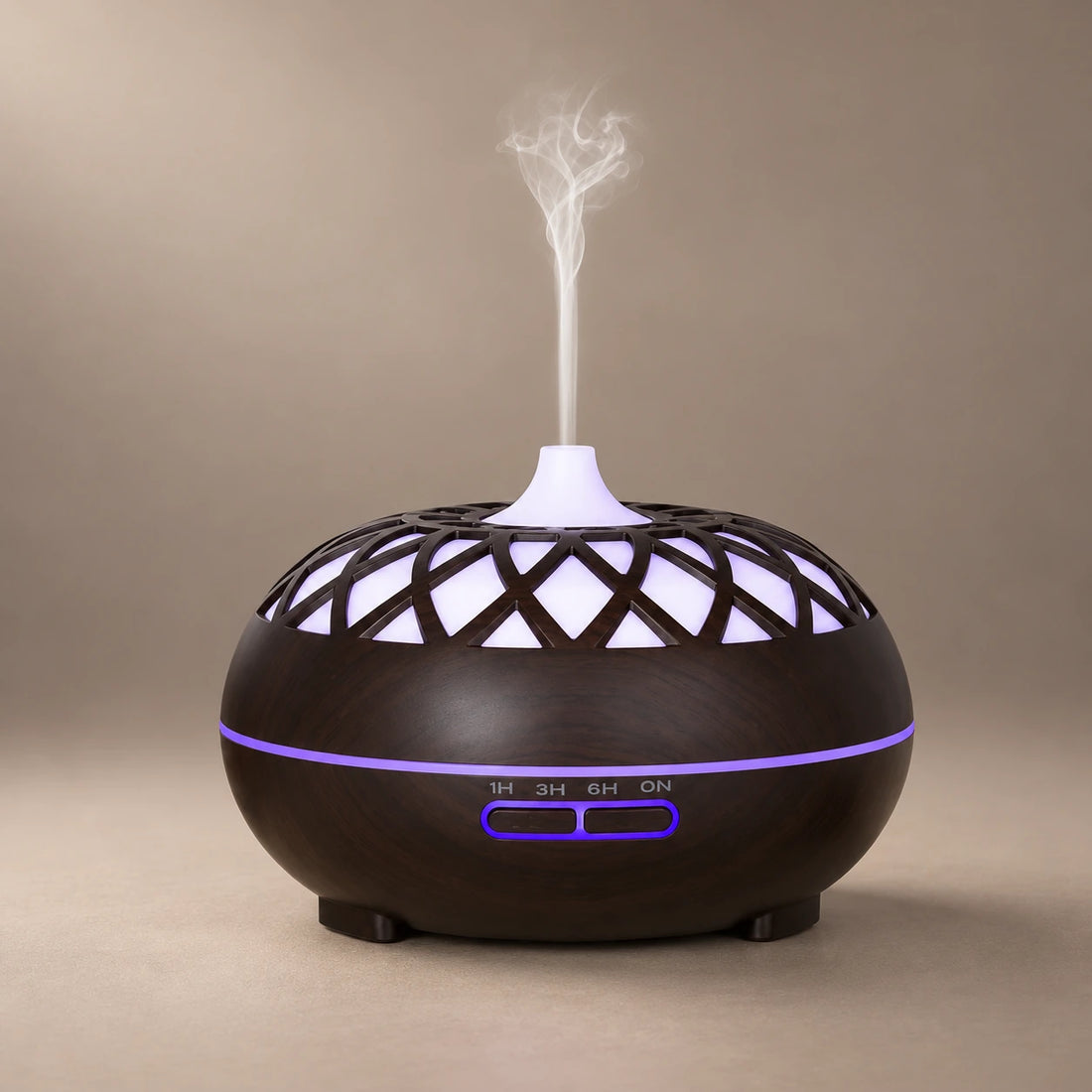 Brown 500 ml wood grain ultrasonic diffuser with a lattice top, violet LED light and cool mist.