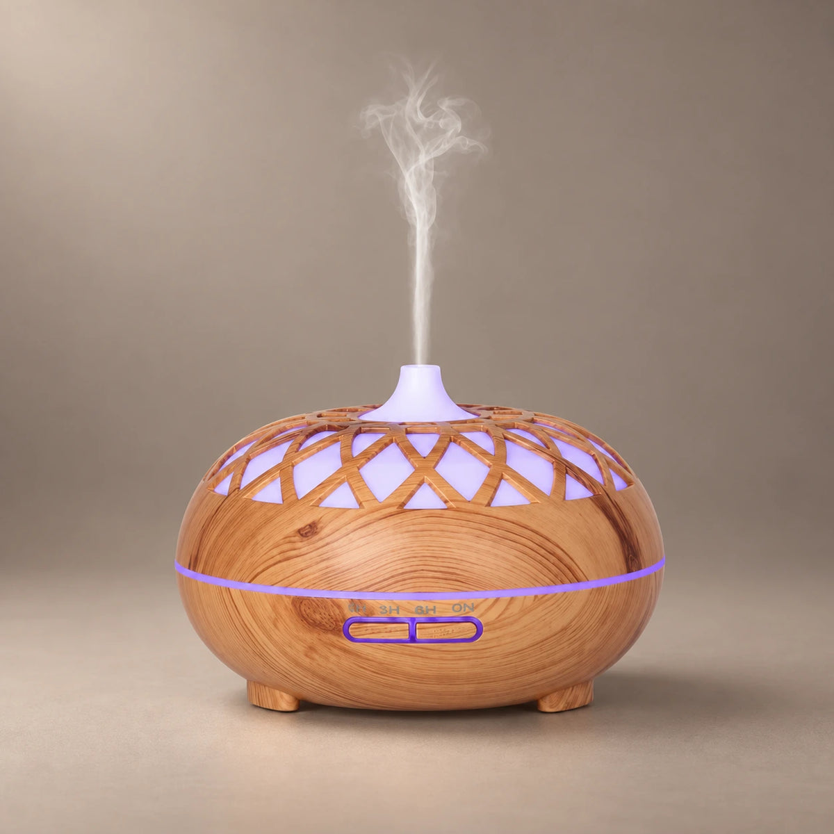 Brown 500 ml wood grain ultrasonic diffuser with a lattice top, violet LED light and cool mist.