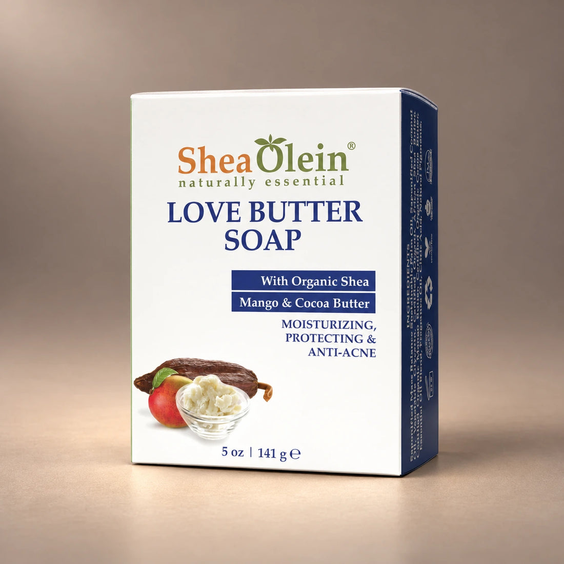 Shea Olein Love Butter Bar Soap in its original 5 oz retail box.