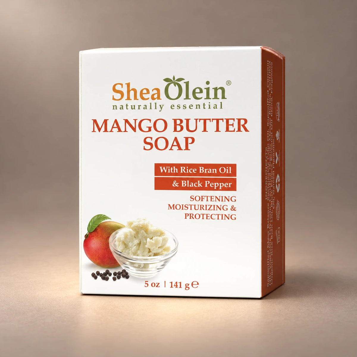 Label view of Shea Olein Mango Butter Bar Soap showing its original packaging artwork and 5 oz size.