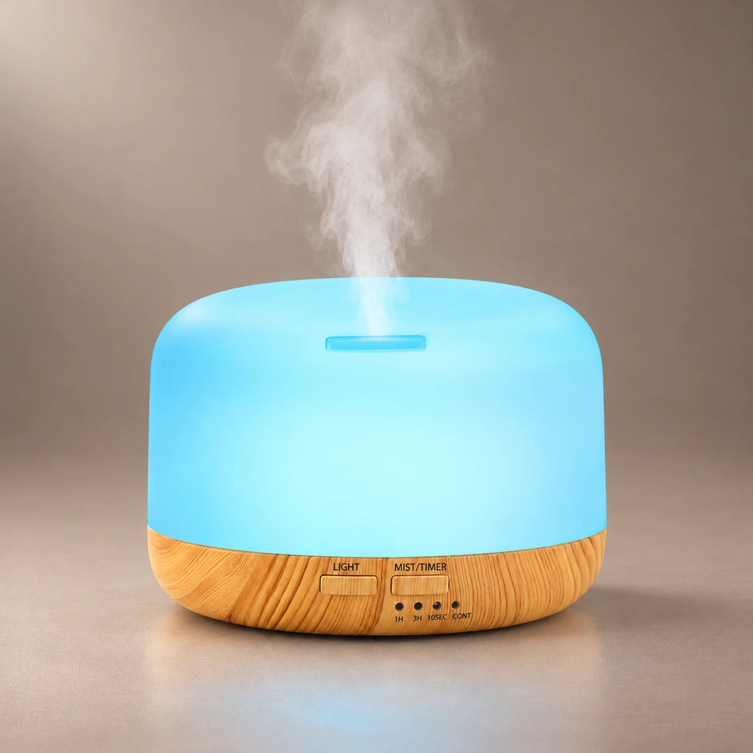 Modern 300 ml ultrasonic diffuser with a blue LED cover, wood grain base and cool mist.