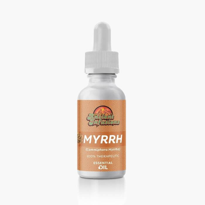 Ancient Infusions Therapeutic Grade Myrrh Essential Oil Label - Pure & Spiritually Serene Wellness.