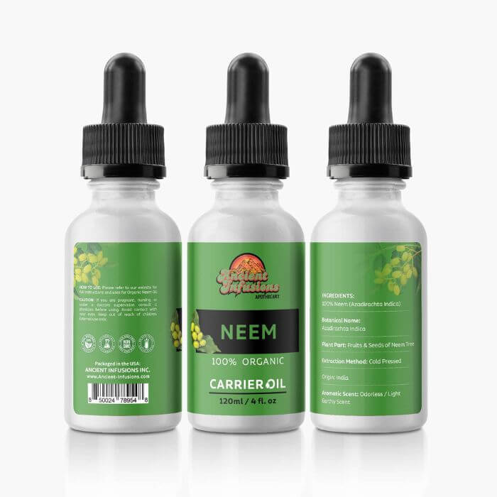 Organic neem oil carrier oil by Ancient Infusions – 100% pure cold-pressed oil for skin care, natural pest control, and hair health.