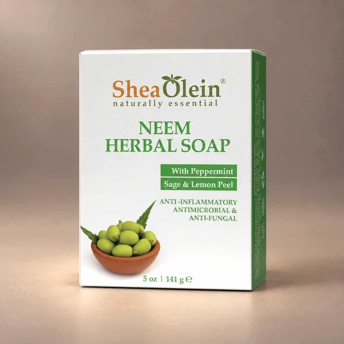 Shea Olein Neem Herbal Bar Soap in its original 5 oz retail box.