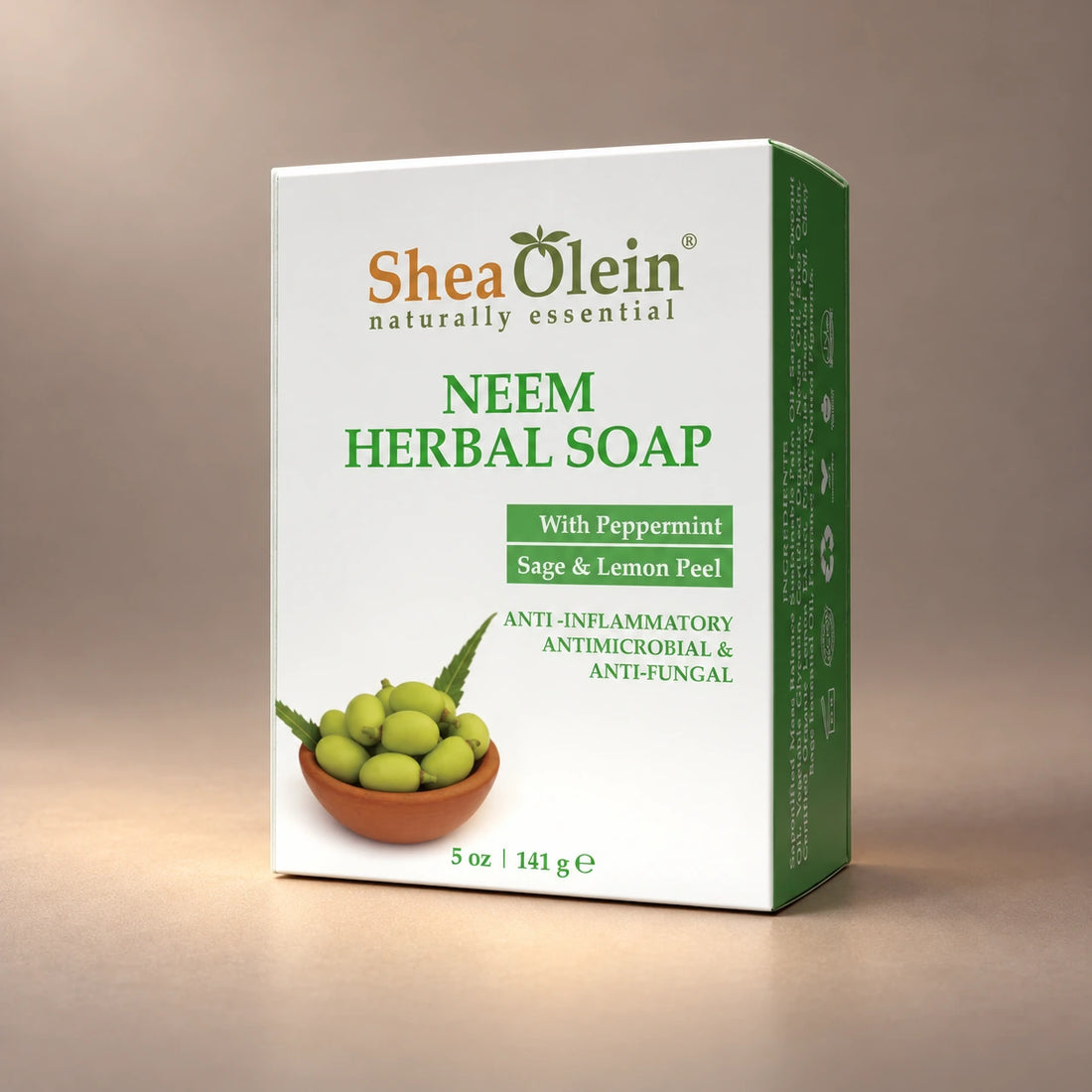 Shea Olein Neem Herbal Bar Soap in its original 5 oz retail box.