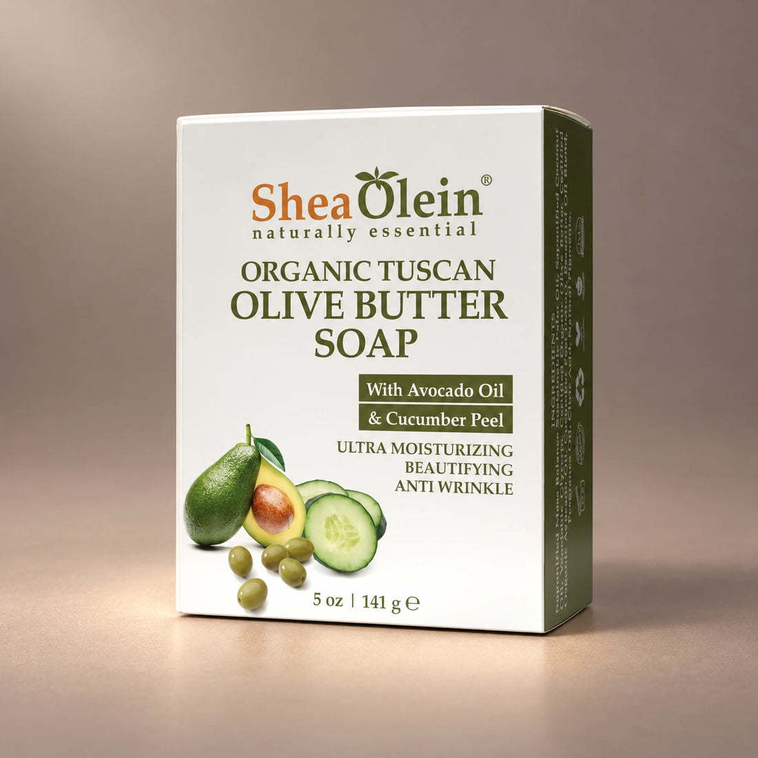 Shea Olein Olive Butter Bar Soap in its original 5 oz retail box.