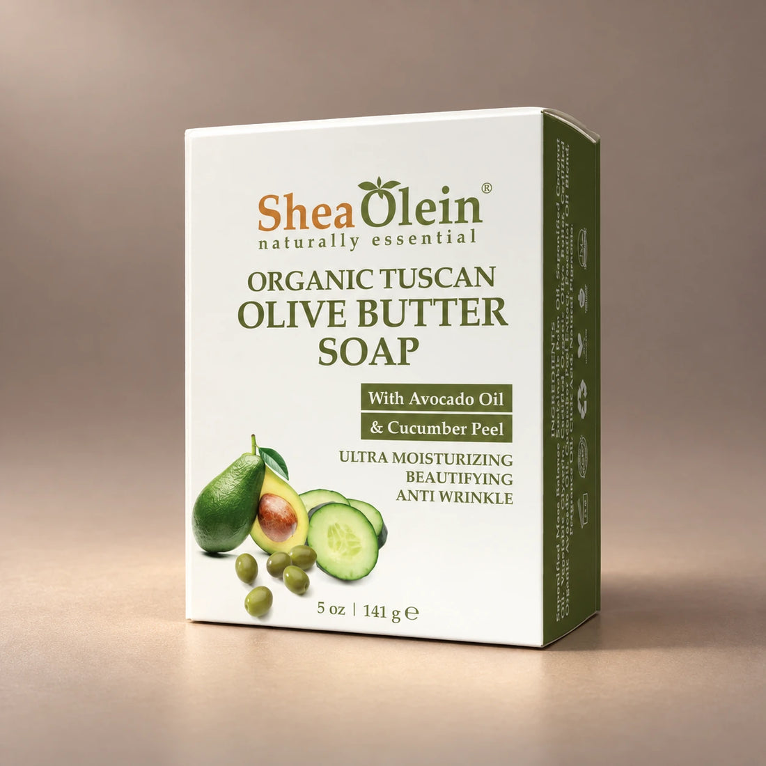 Shea Olein Olive Butter Bar Soap in its original 5 oz retail box.