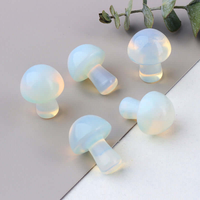 Ancient Infusions Opalite Carved Mushroom - ~0.8 inches of illuminating tranquility. Front view showcasing Opalite's ethereal glow and handcrafted excellence.