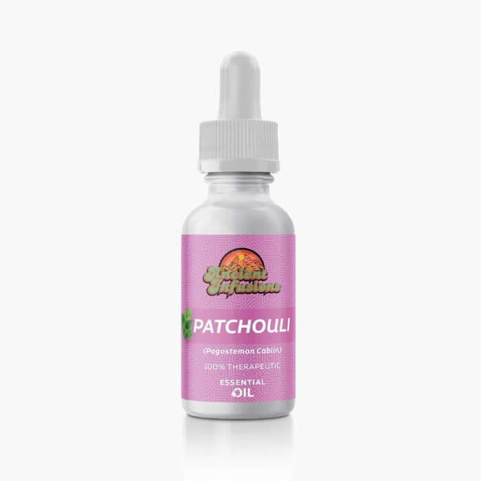 Ancient Infusions Therapeutic Grade Patchouli Essential Oil Label - Pure & Relaxing Wellness.