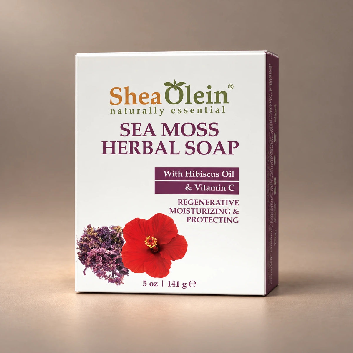 Label view of Shea Olein Sea Moss Herbal Bar Soap showing its original packaging artwork and 5 oz size.