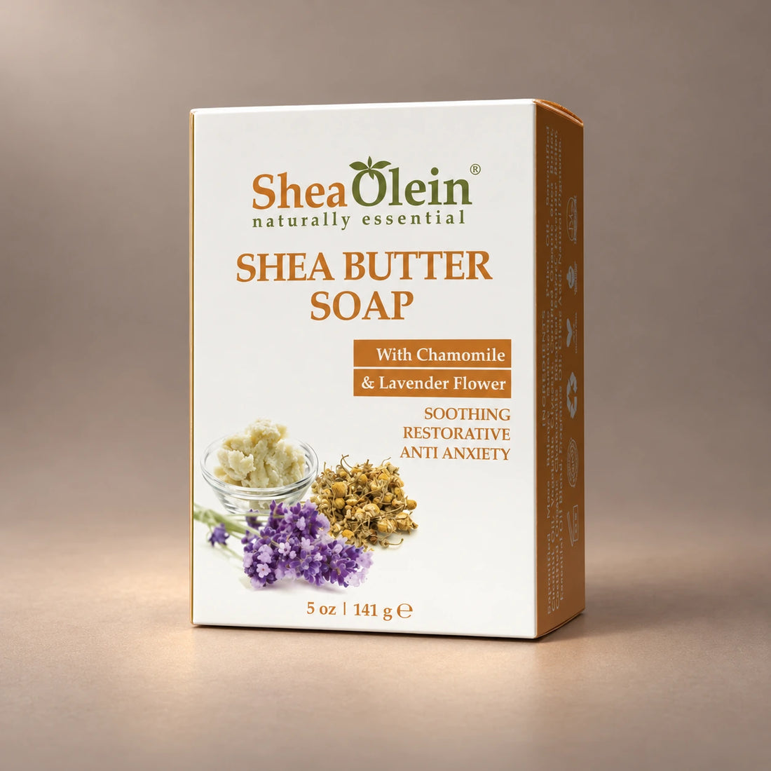 Shea Olein Shea Butter Bar Soap in its original 5 oz retail box.
