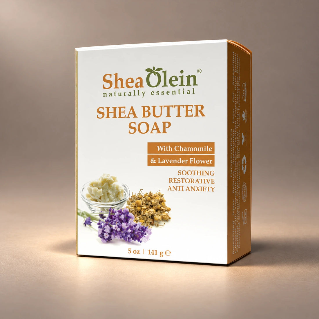 Shea Olein Shea Butter Bar Soap in its original 5 oz retail box.