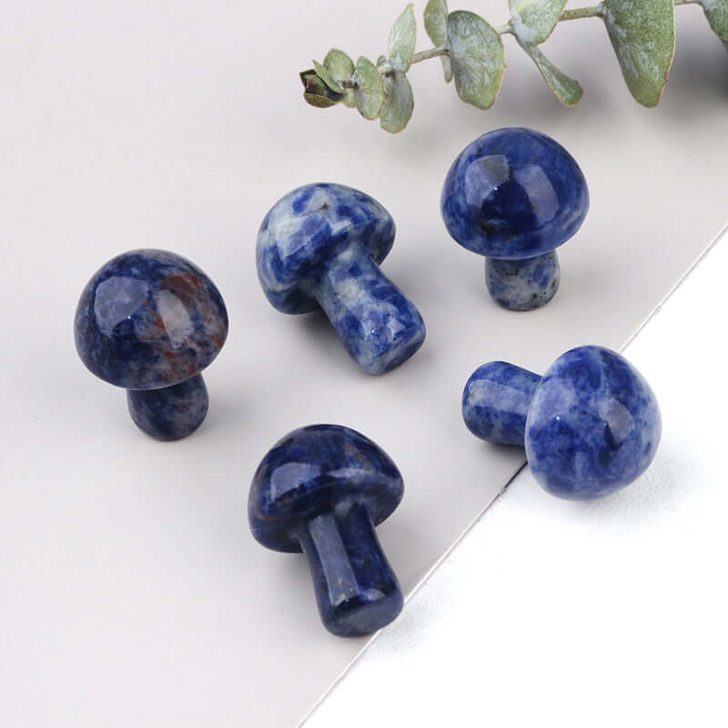 Ancient Infusions Sodalite Carved Mushroom - Experience tranquil elegance in every detail. Front view showcasing the hand-carved perfection and calming energy of Sodalite.