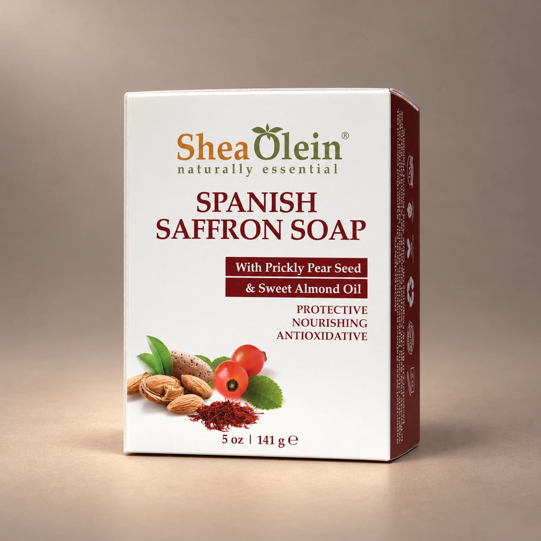 Shea Olein Spanish Saffron Bar Soap in its original 5 oz retail box.