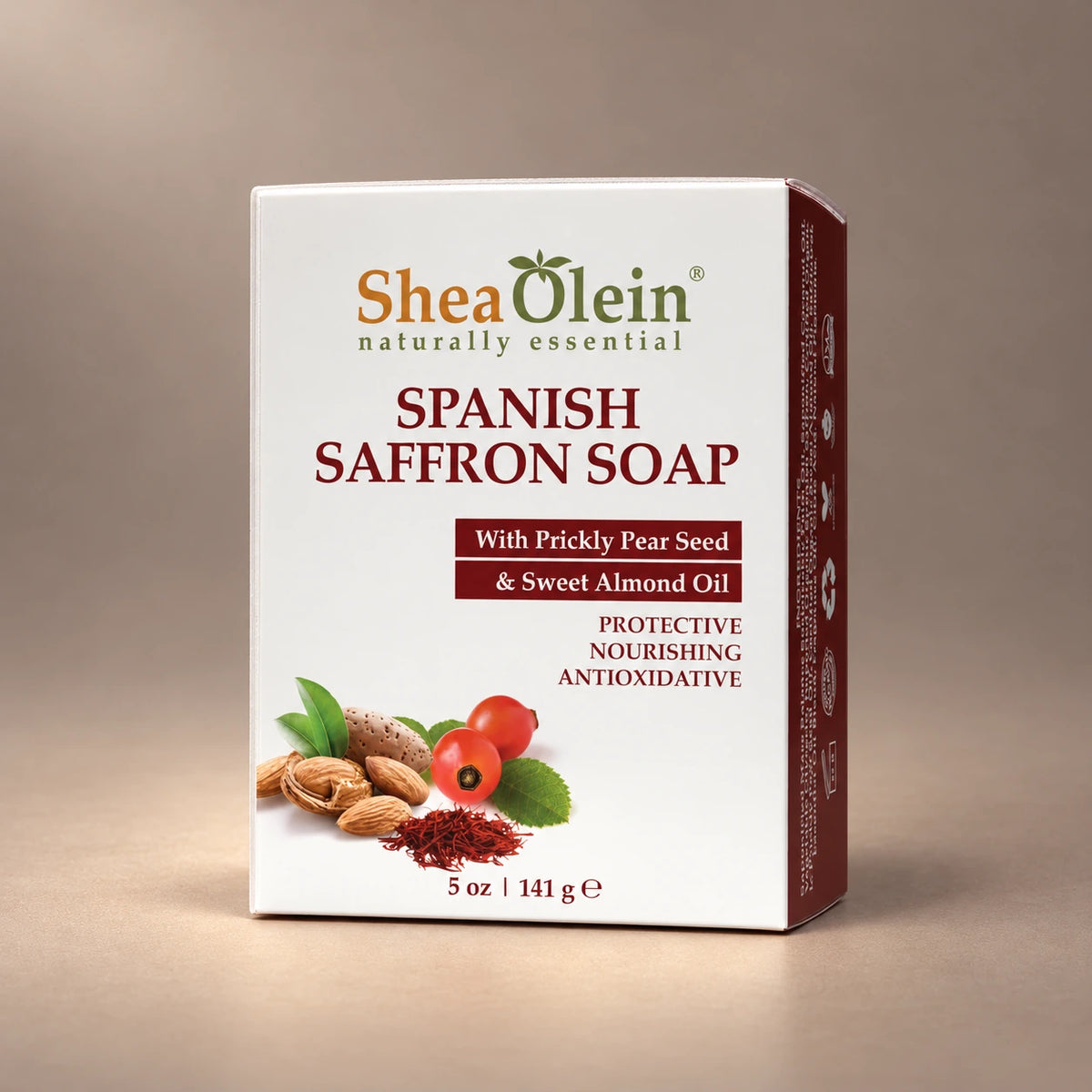 Label view of Shea Olein Spanish Saffron Bar Soap showing its original packaging artwork and 5 oz size.