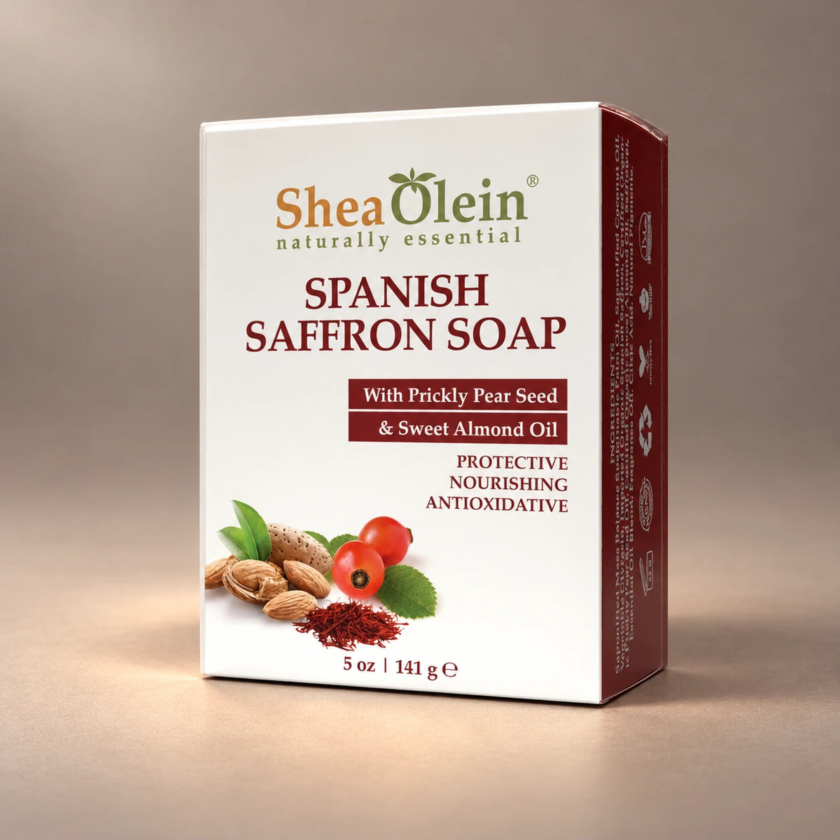 Shea Olein Spanish Saffron Bar Soap in its original 5 oz retail box.