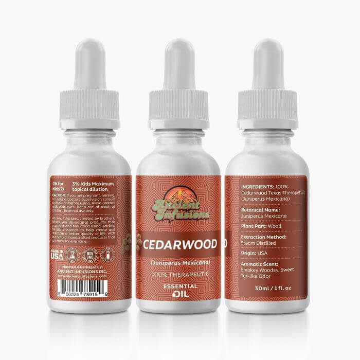 Therapeutic cedarwood Texas essential oil by Ancient Infusions – 100% pure aromatherapy oil for relaxation, respiratory support, and healthy skin and hair.