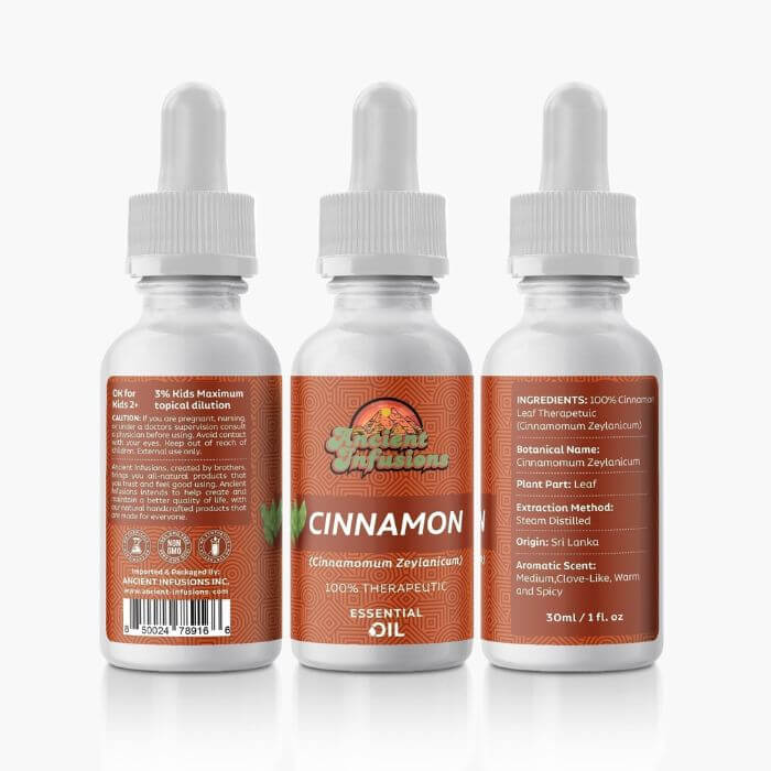 Therapeutic cinnamon leaf essential oil by Ancient Infusions – 100% pure aromatherapy oil for immune support, stress relief, and warming comfort.
