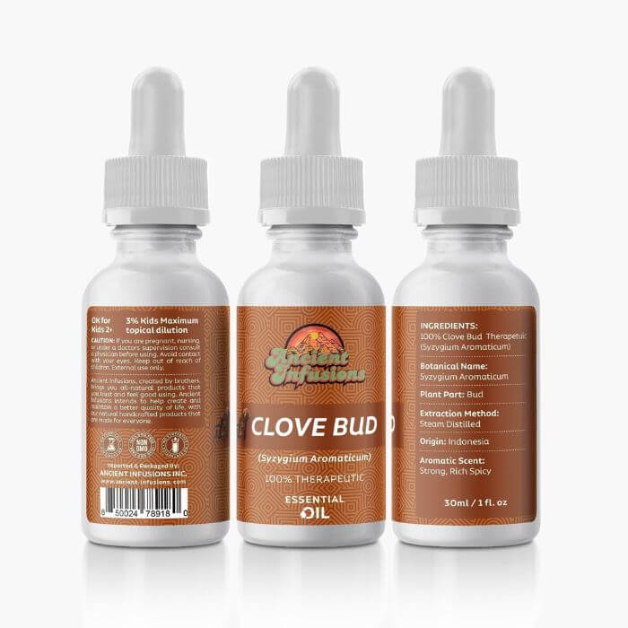 Therapeutic clove bud essential oil by Ancient Infusions – 100% pure aromatherapy oil for pain relief, immune support, and dental care.