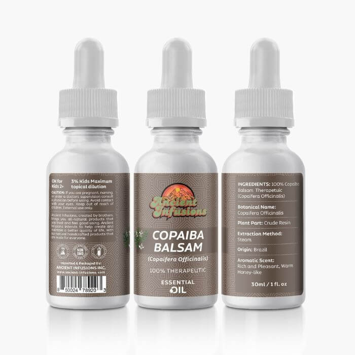 Therapeutic copaiba balsam essential oil by Ancient Infusions – 100% pure aromatherapy oil for inflammation support, skincare, and emotional balance.