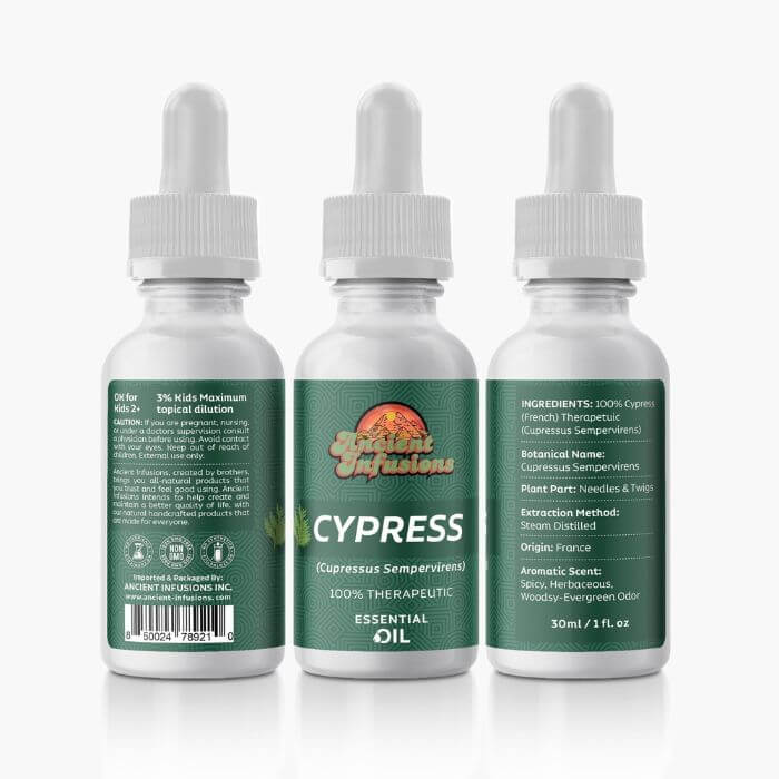 Therapeutic cypress essential oil by Ancient Infusions – 100% pure aromatherapy oil for circulation support, respiratory health, and emotional balance.