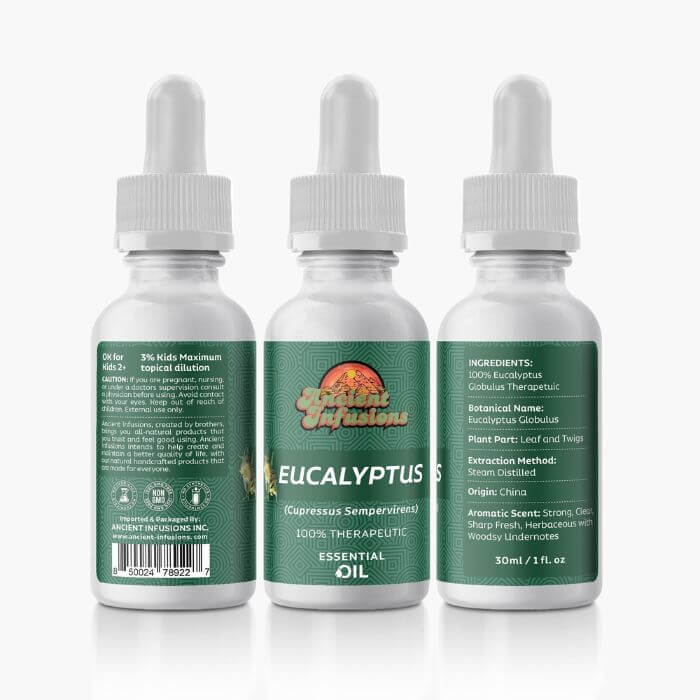 Therapeutic eucalyptus essential oil by Ancient Infusions – 100% pure aromatherapy oil for respiratory support, sinus relief, and natural energy boost.