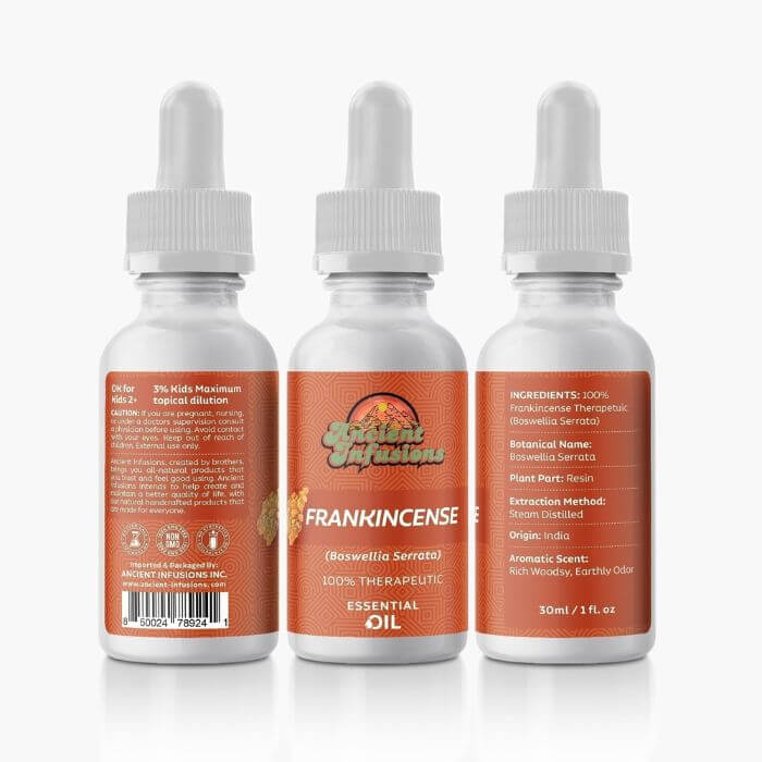 Therapeutic frankincense essential oil by Ancient Infusions – 100% pure aromatherapy oil for stress relief, skin rejuvenation, and spiritual wellness.