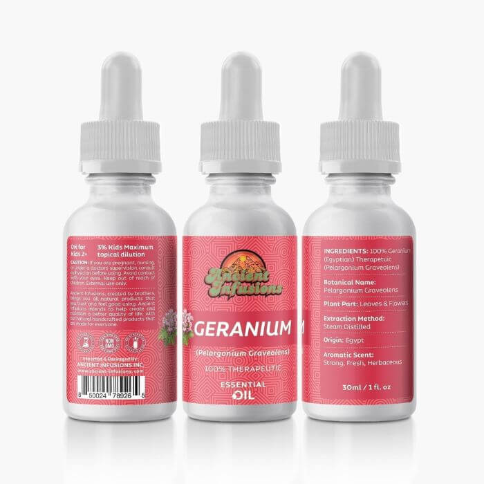 Therapeutic geranium essential oil by Ancient Infusions – 100% pure aromatherapy oil for skincare, emotional balance, and hormone support.