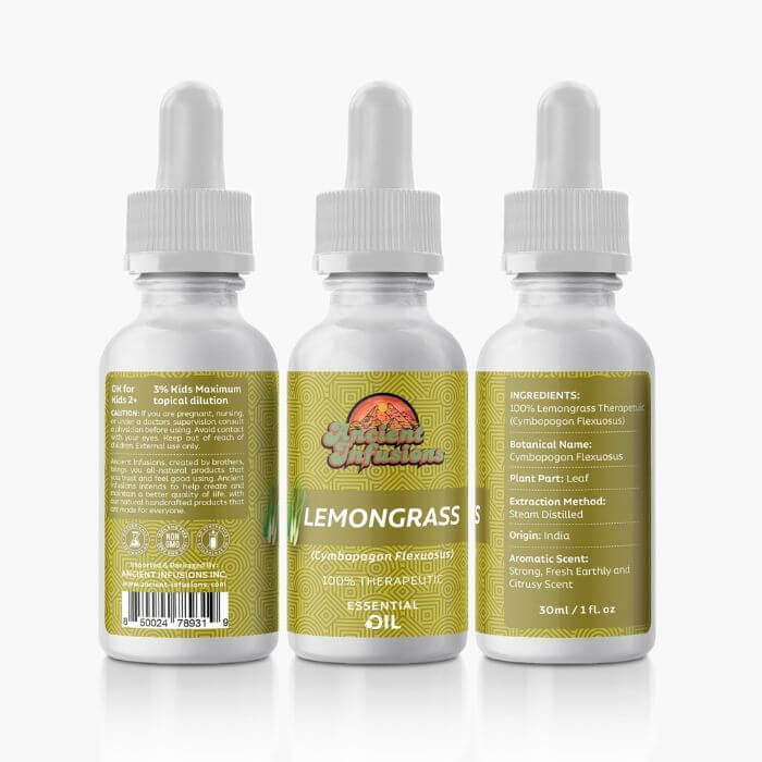 Therapeutic lemongrass essential oil by Ancient Infusions – 100% pure aromatherapy oil for stress relief, natural cleansing, and skincare.