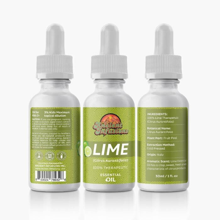 Therapeutic lime essential oil by Ancient Infusions – 100% pure citrus aromatherapy oil for energy, mood boost, and skincare.