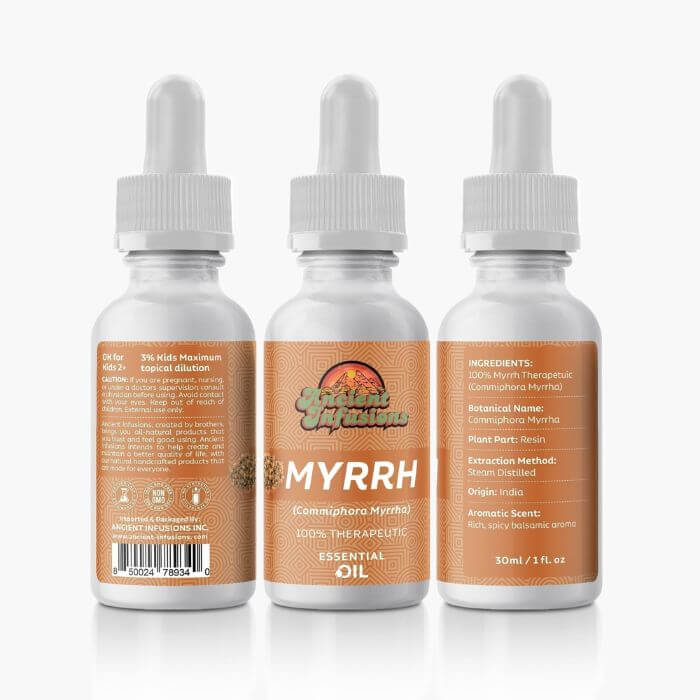 Therapeutic myrrh essential oil by Ancient Infusions – 100% pure aromatherapy oil for skin rejuvenation, relaxation, and spiritual practices.
