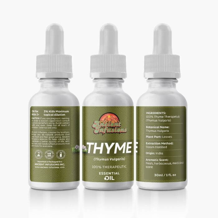 Therapeutic red thyme essential oil by Ancient Infusions – 100% pure aromatherapy oil for immune support, respiratory health, and natural cleansing.