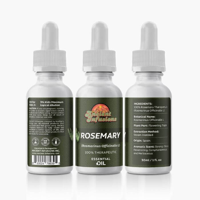 Therapeutic rosemary essential oil by Ancient Infusions – 100% pure aromatherapy oil for focus, memory support, and hair care.