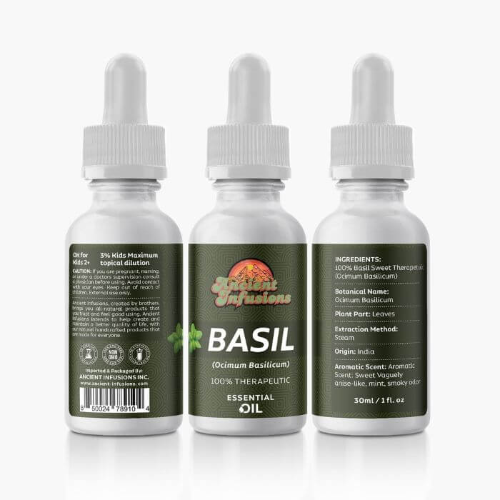 Therapeutic sweet basil essential oil by Ancient Infusions – 100% pure aromatherapy oil for focus, stress relief, and respiratory support.