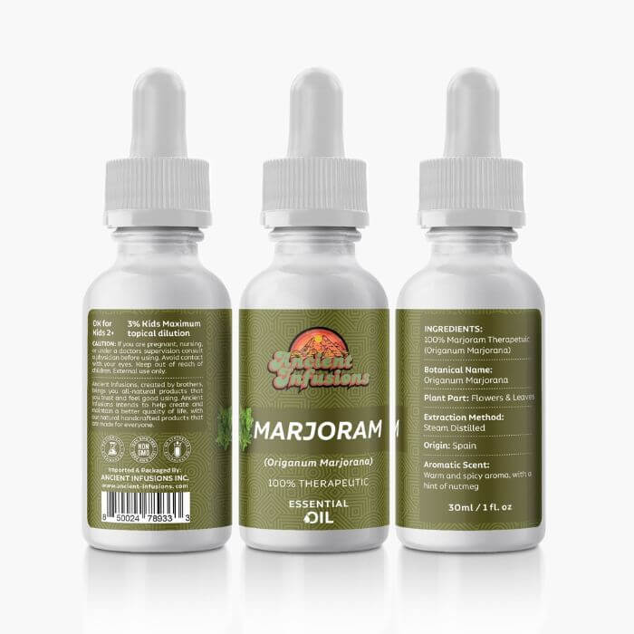 Ancient Infusions Therapeutic Grade Sweet Marjoram Essential Oil Label - Pure & Tranquil Wellness.