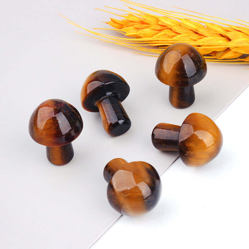 Ancient Infusions Tiger's Eye Carved Mushroom - Experience the miniature guardian of spiritual strength. Front view showcasing the hand-carved perfection and protective energy of Tiger's Eye.