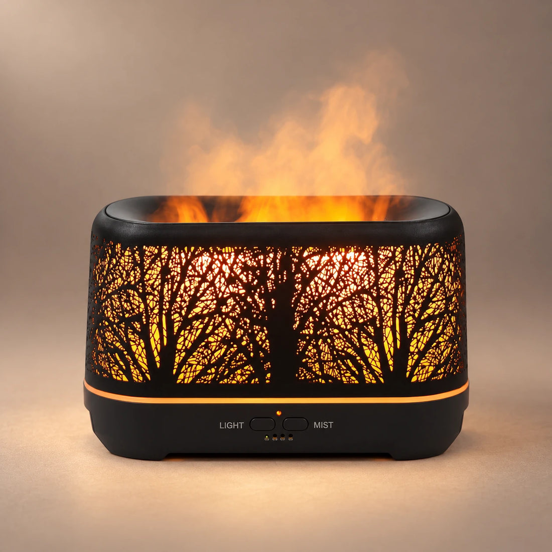 Front view of the Tree of Life diffuser with orange LED lighting and a soft illuminated mist plume.
